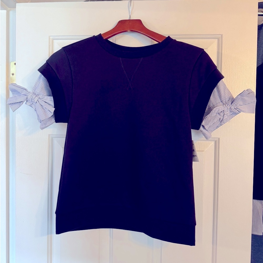 NWT Chelsea28 Navy Blue Top with Striped Bow Sleeve